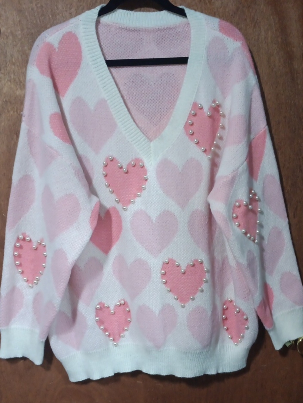 Source Unknown Pink and White Heart Pearl V-Neck Sweater